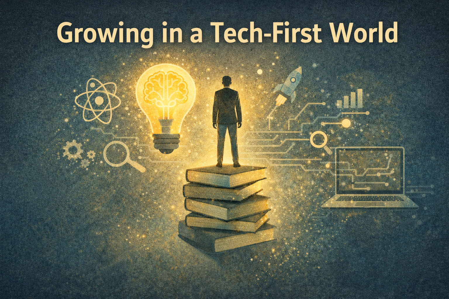 A person standing on a pile of books looking out into the future of possibilities